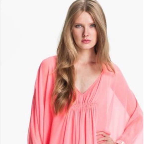 100% Silk [DVF] Coral Pink Chiffon < Fleurette > Bat Wing Cocktail Dress | 2 - Picture 7 of 15